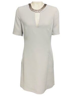 BARBARA BUI GREY CREPE MIDI DRESS WITH CHAIN JEWEL NECKLINE